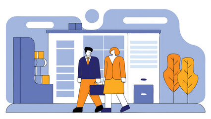 lgbtq person at work two men one dressed in a business suit and the other in women's business attire talking and walking through an office isolated on background 080525