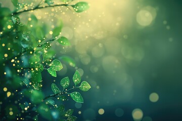 Obraz premium Glowing green leaves, bokeh background, magical, serene nature scene.