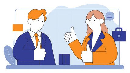 successful business people vector cartoon flat illustration of young smiling man and woman in business suits with thumbs up isolated on the background 080525