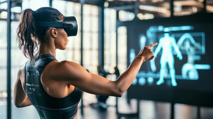 Woman experiencing virtual reality workout in gym using headset and body data - Powered by Adobe