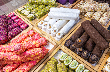 Assorted traditional eastern desserts. Turkish sweet baklava. Arabian sweets. Oriental sweets rahat lokum