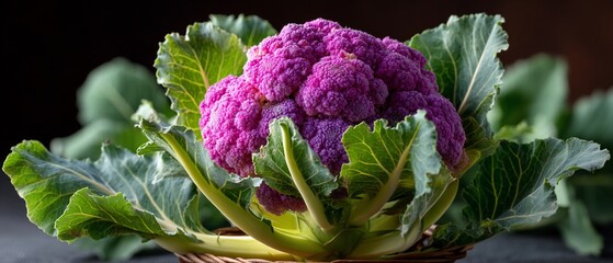 Vibrant purple cauliflower nestled in green leaves