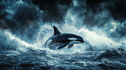 Fototapeta premium Orca leaping ocean waves storm; dramatic nature scene