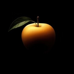 Single golden apple, highlighted against a black background, with a single leaf.  The lighting emphasizes the fruit's form and texture