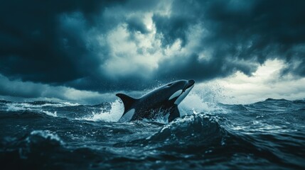 Obraz premium Orca leaping, stormy ocean, dramatic sky, wildlife