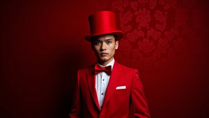 Elegant portrait of a person in a striking red suit with matching top hat against a richly textured deep red background