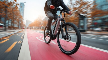 Naklejka premium Fast Electric Bicycle Ride Cityscape Autumn Urban Cycling Commute Eco Friendly Transportation Sustainable Modern Lifestyle Active Person 