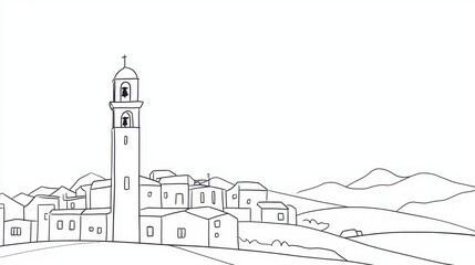 Obraz premium A small village with a tall tower in the center