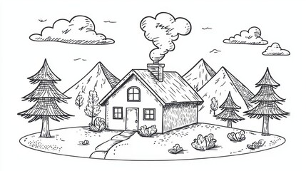 A house with a chimney is in front of a mountain