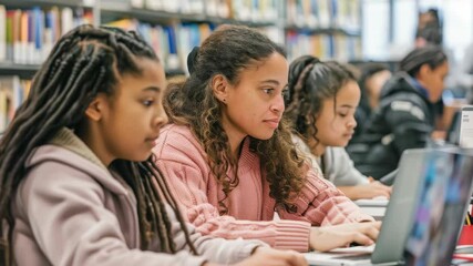A diverse group of students actively work on computers in a library. They are engaged in their work, sitting side-by-side. The setting looks to be in a educational building. - Powered by Adobe
