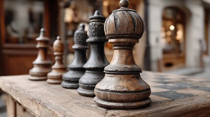 Weathered chess pieces lined up on board