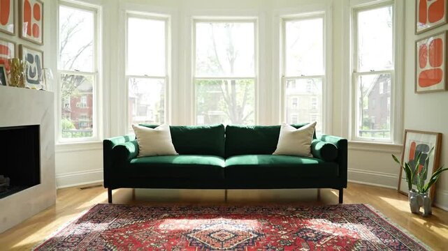 Living room with green sofa, pillows, rug, fireplace and large bay windows
