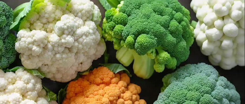 A vibrant display of fresh broccoli and cauliflower varieties showcasing green, white, and orange colors. Perfect for healthy eating and culinary inspiration.