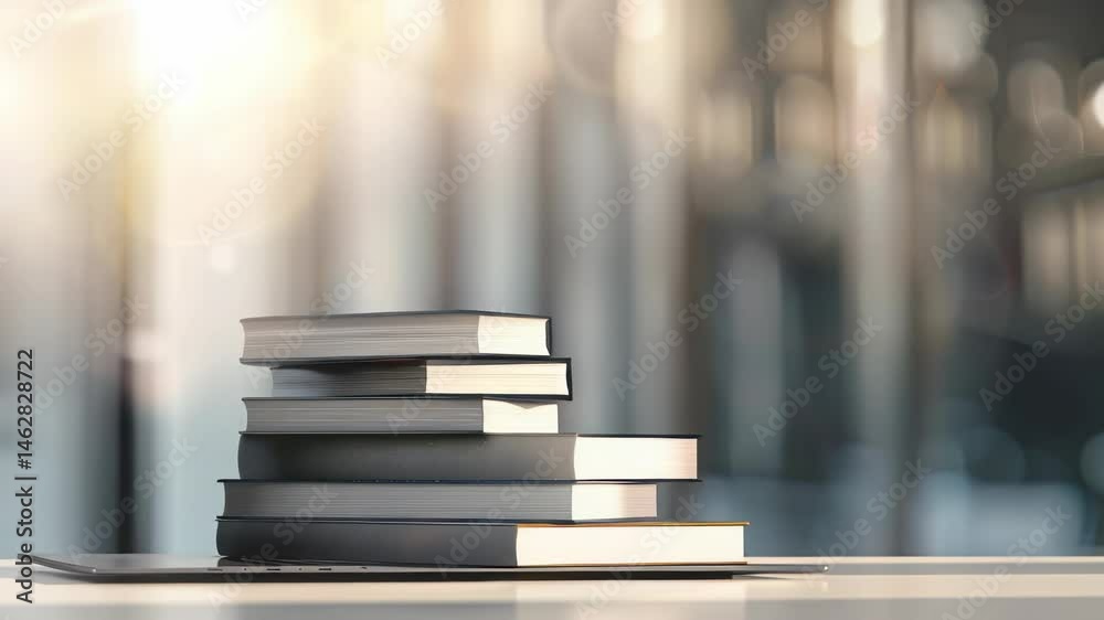 Poster an aesthetic arrangement of stacked books sits on a white table, bathed in soft, diffused natural li