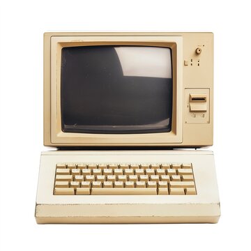 Vintage computer with CRT monitor and beige keyboard, isolated on white background. nostalgic, minimalistic early computing technology, concept retro tech, nostalgia, evolution of computers