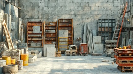 Industrial workshop interior, concrete walls, various construction materials