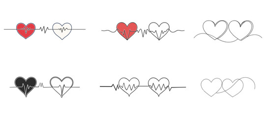 Elegant Heartbeat Line Art Design Set Red Black White Hearts Love Medical Health