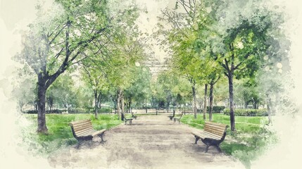 Naklejka premium A park with a path and benches