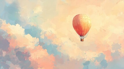 Obraz premium A painting of a hot air balloon in the sky with a blue and pink background