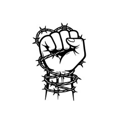 A clenched fist entwined with barbed wire a symbol of resistance and resilience against oppression 
