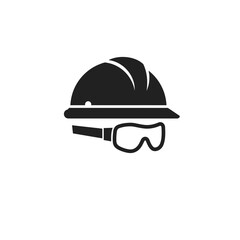 A simple yet powerful icon depicting a hard hat and safety goggles, symbolizing construction safety, worker protection, and workplace safety regulations. Black and white vector graphic design.