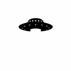 A mysterious black UFO silhouette against a stark white background. Simple, vector design evokes feelings of intrigue and the unknown. Perfect for science fiction themes.