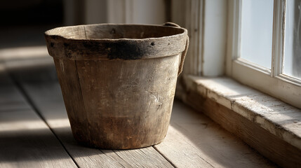 Rustic wooden bucket beside sunlit window with natural light
