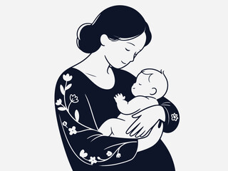 Black and White vector llustration Mother Holding Baby in Arms – Tender Silhouette of a Young Woman Embracing Infant, Peaceful Family Moment