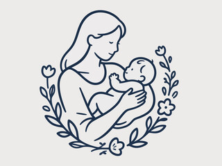 Beautiful Mother Cradling Baby in Floral Wreath – Serene vector Illustration of Maternal Love and Peaceful Bonding