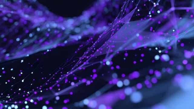 Abstract geometric network with purple and blue particles connected by lines, creating a futuristic, data-driven aesthetic.