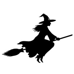 black and white Silhouette of Witch Flying on Broomstick – Spooky Halloween Scene with Dark Magic Vibes