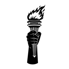 black and white illustration, stylized image of a hand holding a lit torch, abstract graphic design, bold line art, minimalist symbols, striking monochrome artwork
