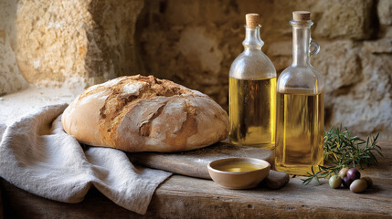 Obraz premium Rustic table setup with bread and olive oil near stone wall