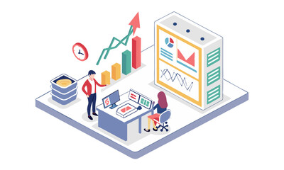 Obraz premium isometric, colorful, 3d, office, business, data analysis, analytics, charts, graphs, statistics, computer, desk, people, minimal, flat design 