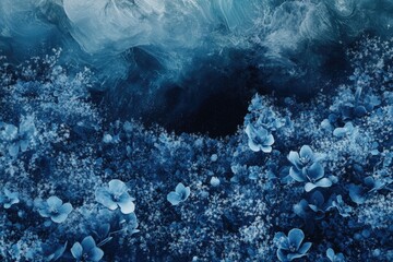 Obraz premium Enchanted blue floral garden beneath a swirling, icy sky. Dreamlike and surreal.