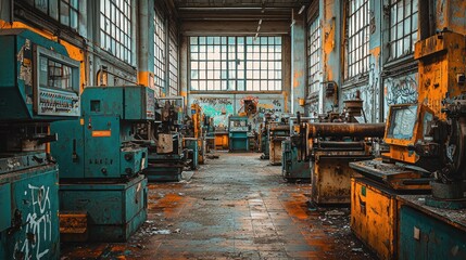 Fototapeta premium Abandoned factory interior with rusting machinery