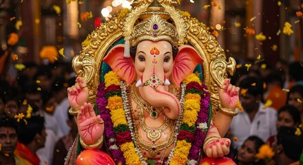 Fototapeta premium Ganesha Statue Adorned with Flowers and Gold - A majestic Ganesha statue, richly decorated with vibrant flowers and gold
