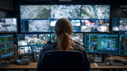 Security Operator Monitoring Multiple Screens Surveillance System Technology Digital Control Room Operator Woman Officer Police Dispatcher
