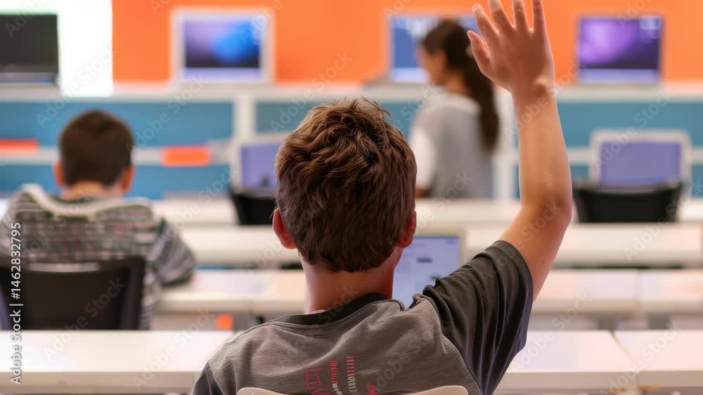 Poster in a bright classroom, a student raises his hand. the setting includes computers and other students,