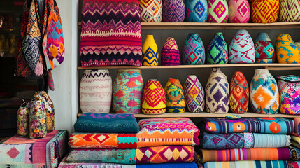 Shelves displaying colorful textiles and decorative items in a shop setting.