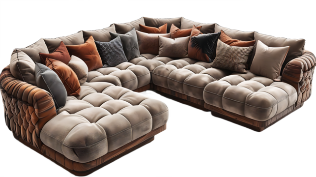 Velvet upholstered L sofa with ottoman chaise isolated on transparent background