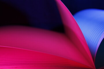 Páginas de papel de un libro abierto para tomar notas en la oficina, de color azul y rojo, forma...
