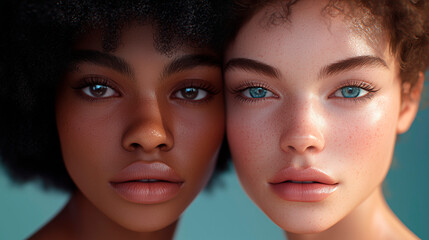 Close-up photo of two beautiful models of different races and hairstyles posing for an advertisement for a luxury skin care product.