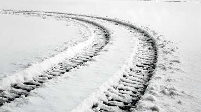 Tire tracks curve across a snow-covered field leaving a textured pattern.