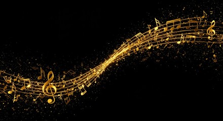 Golden Music Notes Flowing - Abstract of gold music notes flowing gracefully across a black background, symbolizing melody, harmony, rhythm, creativity, and passion