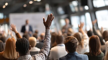 Audience Participation Diverse People Hands Raised Conference Meeting Active Q A Session Engaged Attendees Business Seminar Group Discussion