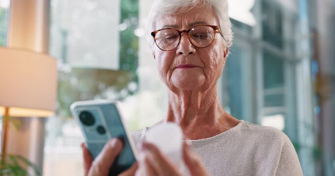 Elderly woman, phone and reading with medication for research, symptoms or side effects at home. Senior, female person or patient with mobile smartphone or pharmaceuticals for prescription or dosage