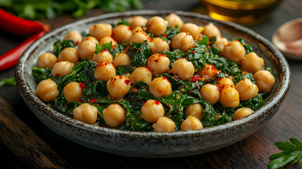 Espinacas con Garbanzos, Spinach with Chickpeas, a traditional Spanish dish served with a side of olive oil and garlic, placed on a rustic ceramic plate