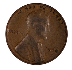 Isolated brass American Lincoln penny cent currency