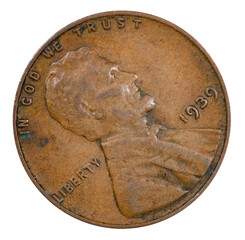 Isolated brass American Lincoln penny cent currency